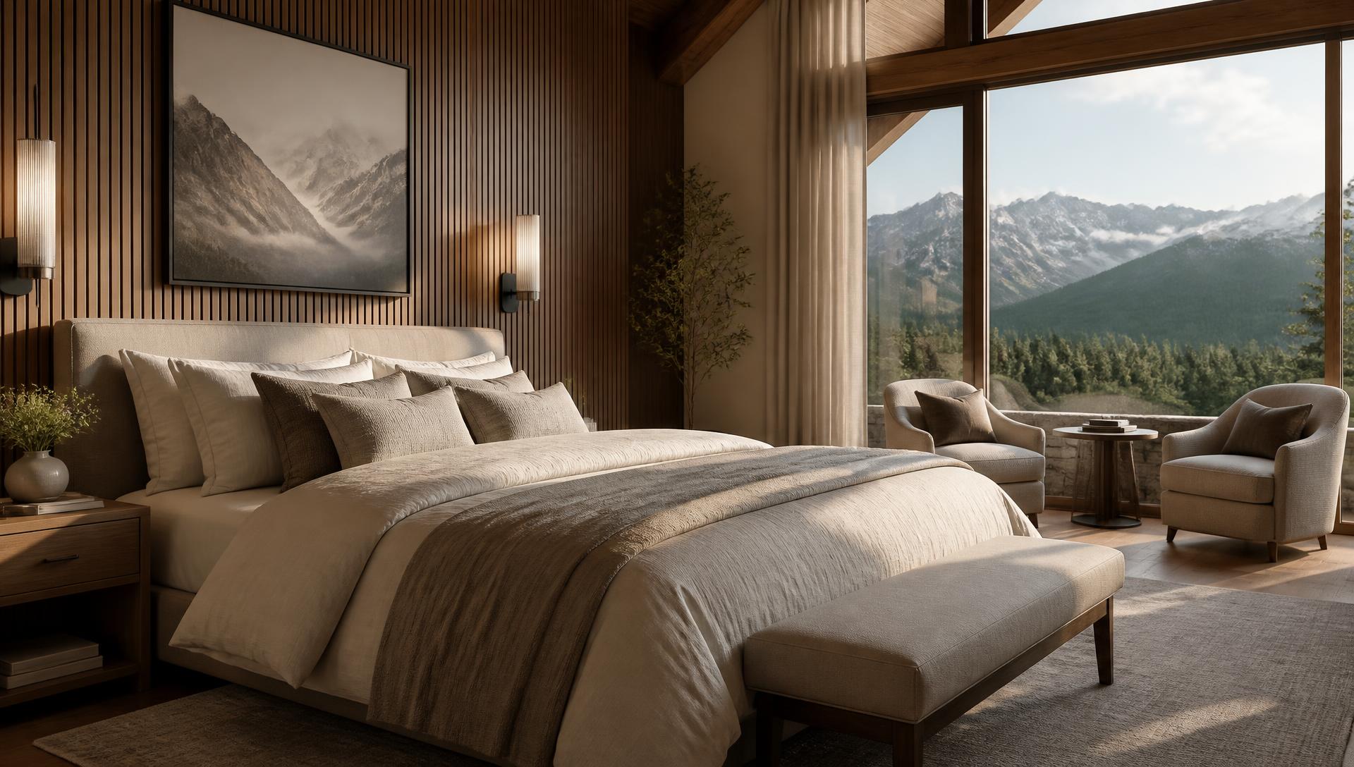 Luxury master bedroom with mountain views styled by an interior designer in Rapid City SD
