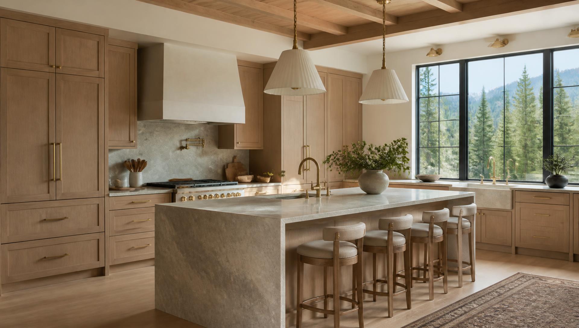 Designer kitchen with white oak cabinetry and stone island in a Rapid City luxury home