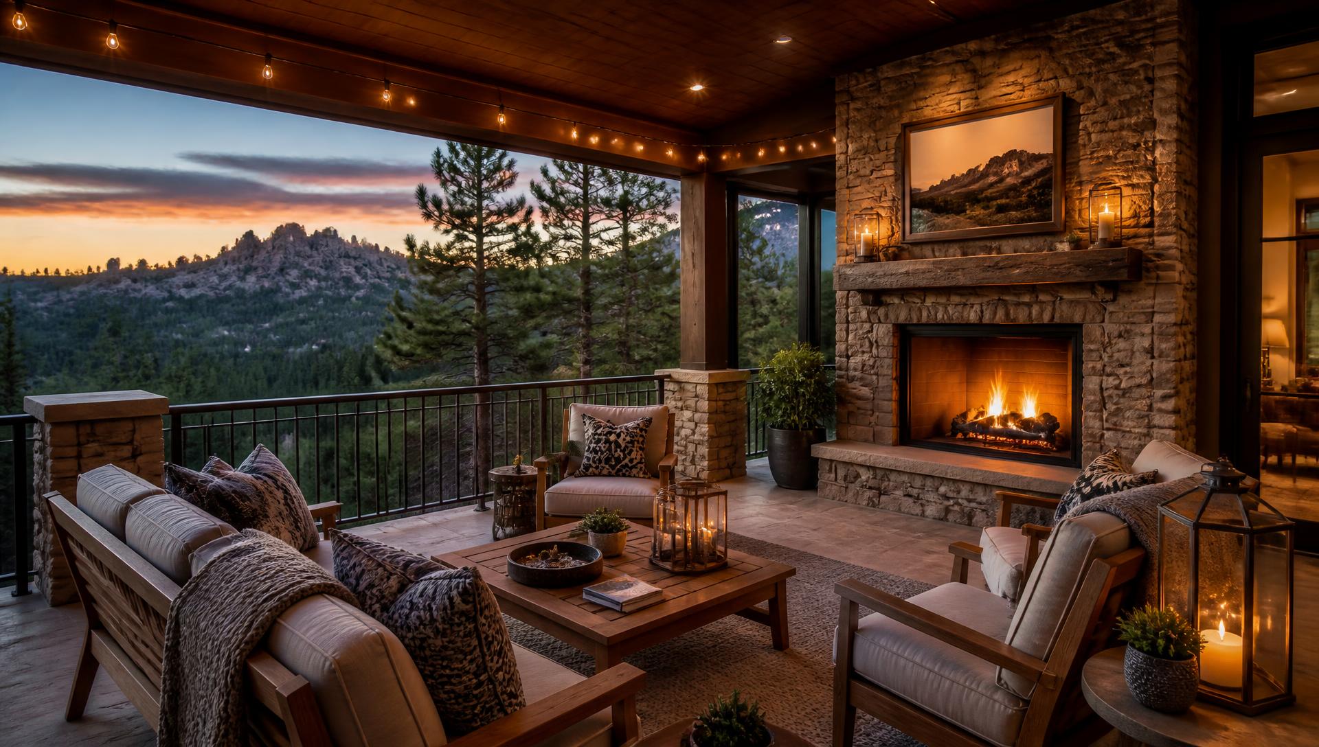 Covered outdoor living area with stone fireplace overlooking the Black Hills
