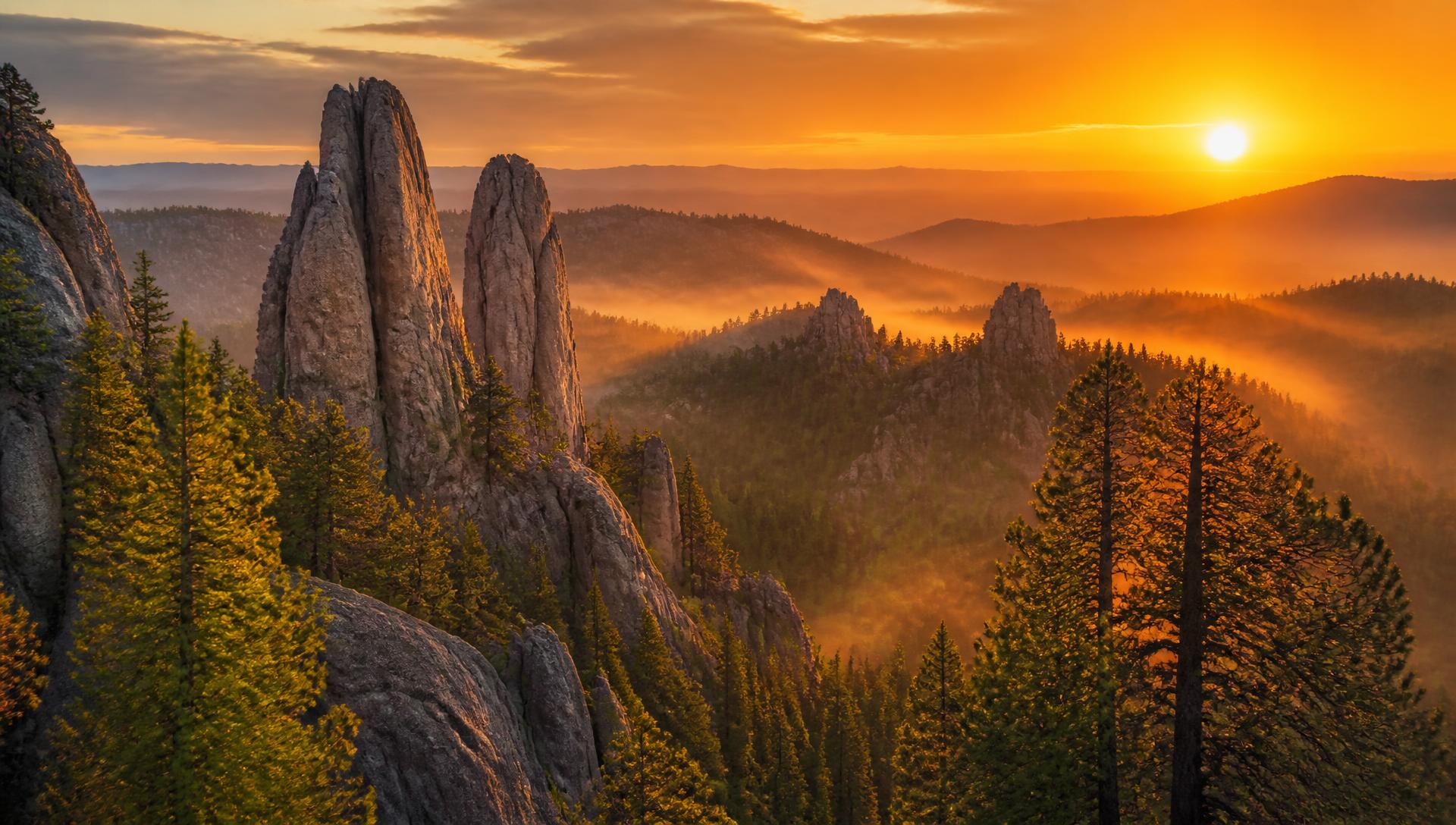 Black Hills granite spires and pine forest at sunset near Rapid City, South Dakota