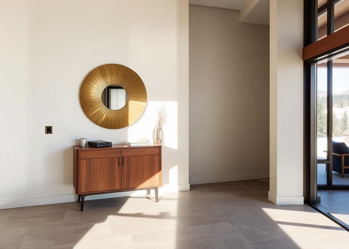 Entryway with plaster walls and sculptural mirror in a Rapid City home