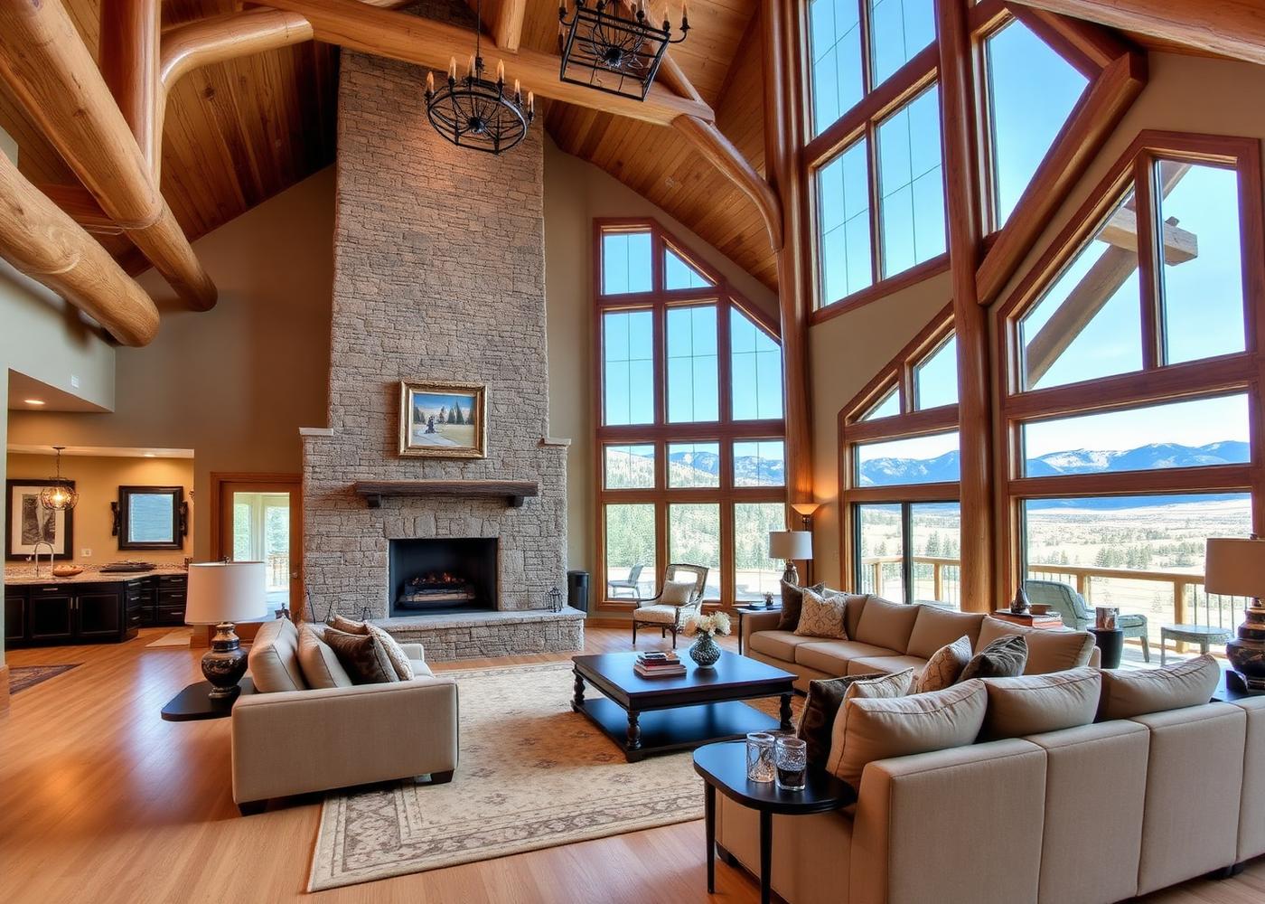 Mountain home interior design in the Black Hills with timber trusses and a two-story stone fireplace