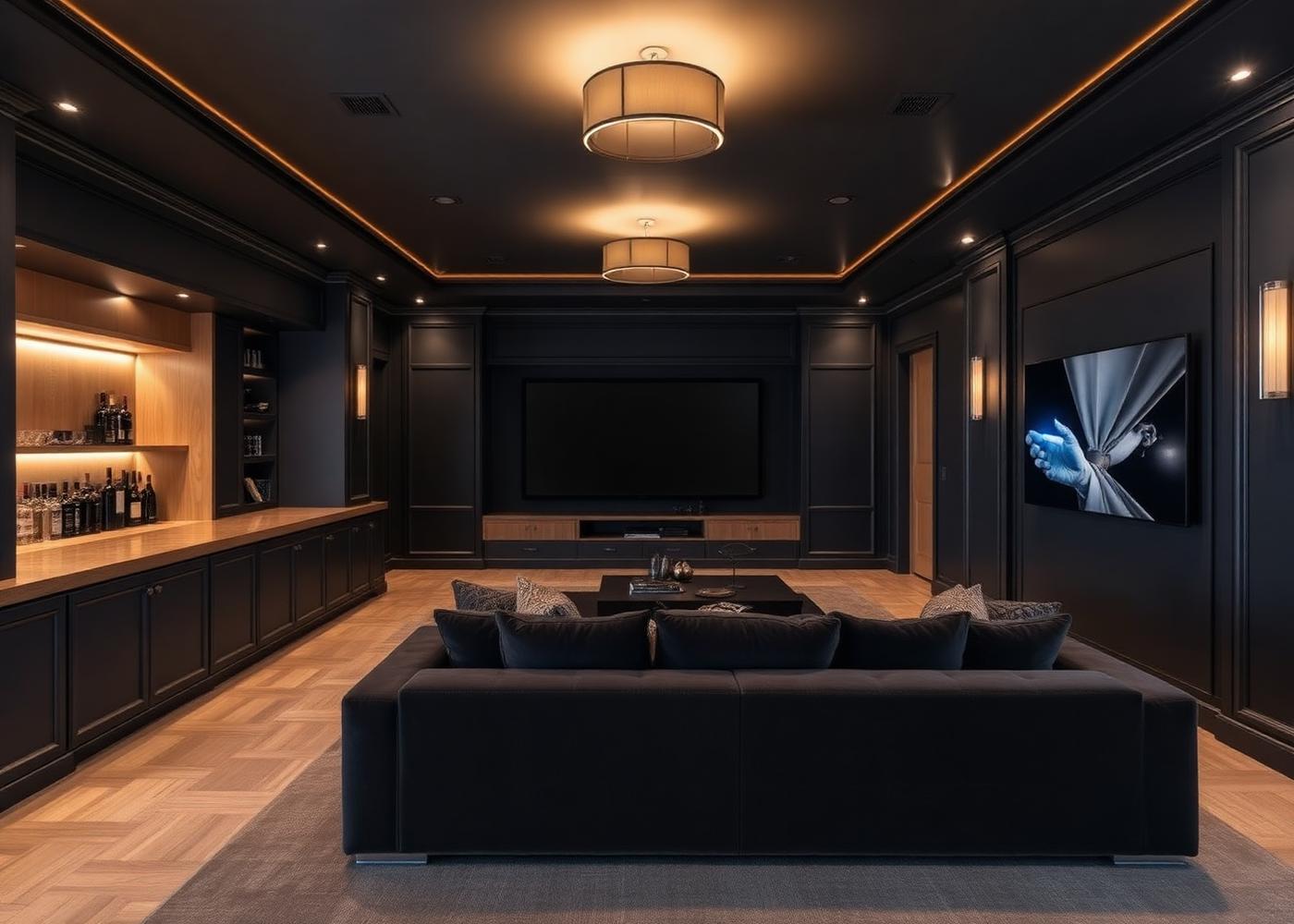 Charcoal media lounge with velvet sectional and oak bar