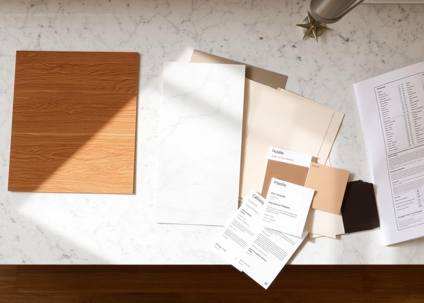 Interior design finish selections including wood flooring, stone, and paint samples for a Black Hills home build