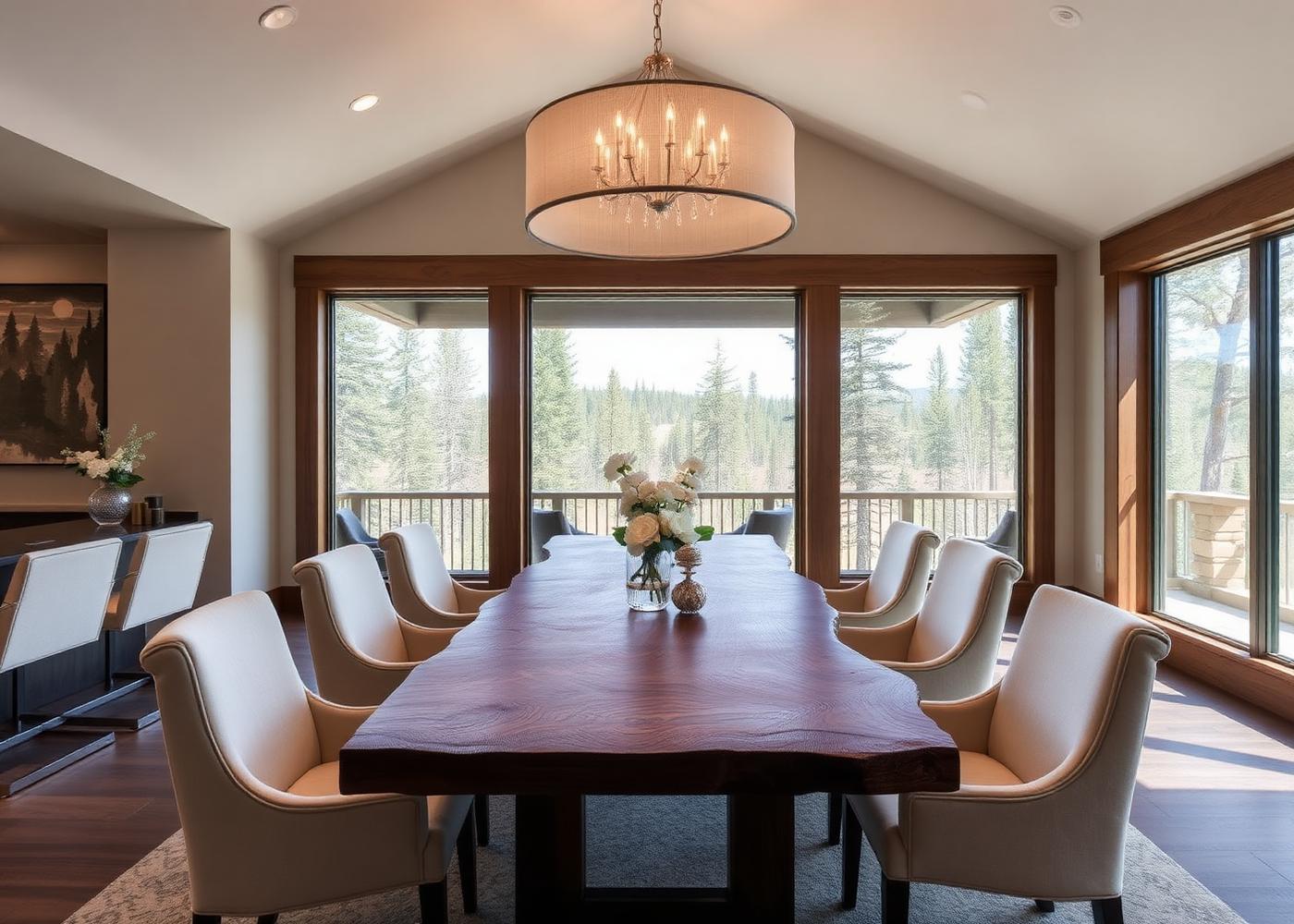 Dining room decorating and furnishing with a live-edge table and elegant chandelier in the Black Hills