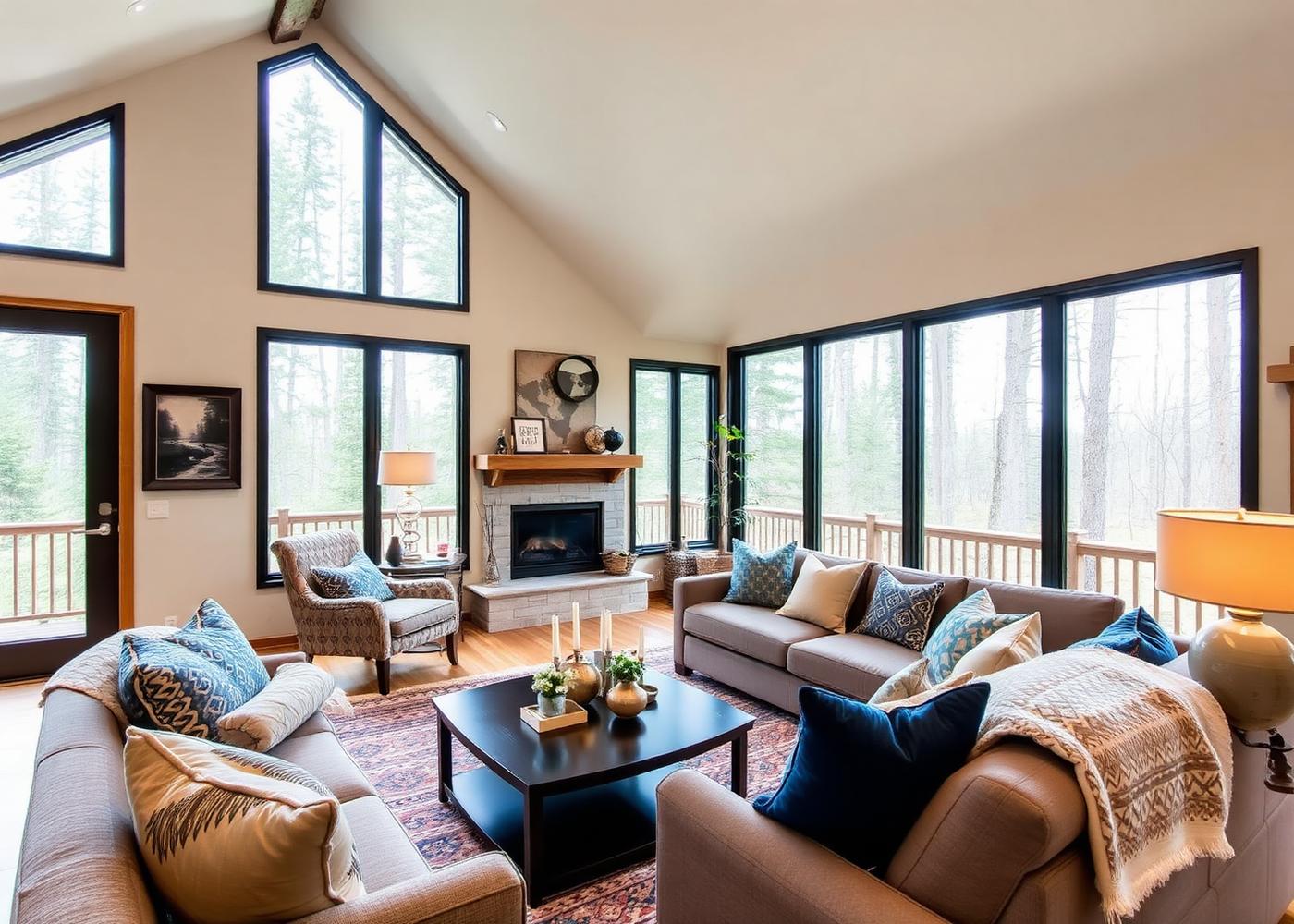 Airbnb interior design in Rapid City with a styled vacation rental great room and forest views